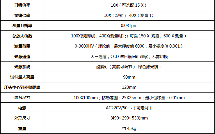 400系列 触屏型数显显微硬度计（大屏幕液晶数字显示）技术参数